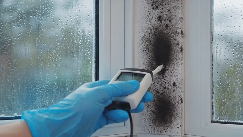 Moisture meter reading being taken against black mould staining on a Newcastle wall