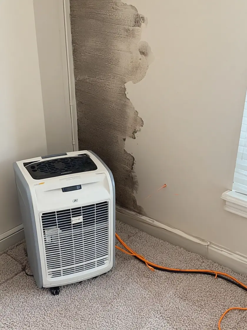 Industrial dehumidifier running beside a damp affected wall