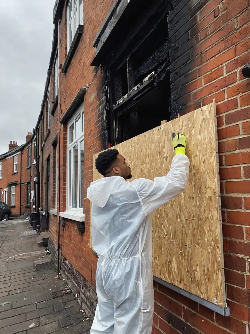Emergency board-up of a fire damaged Newcastle property window