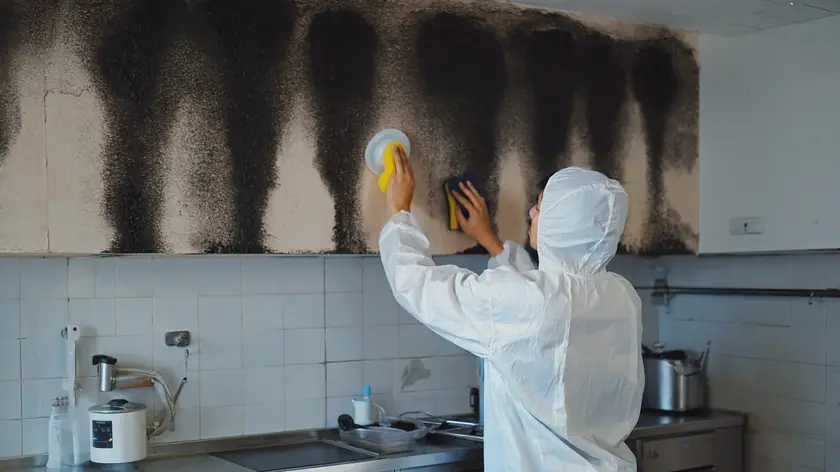 Technician cleaning heavy soot staining from a fire damaged wall