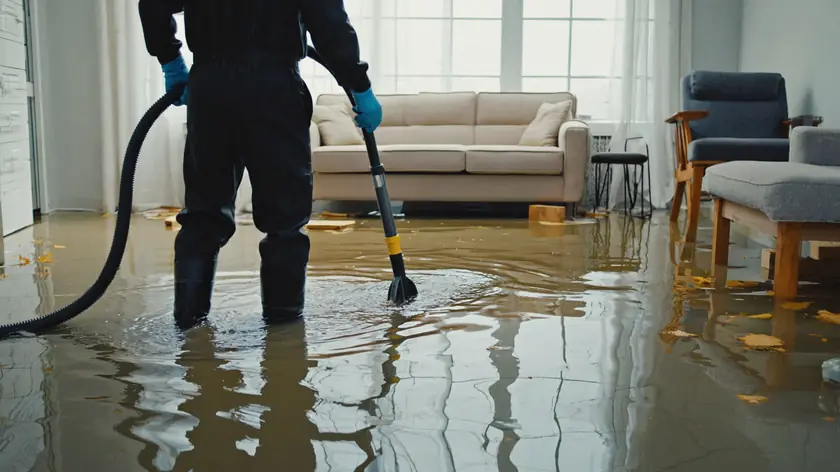 Technician extracting standing flood water from a Newcastle living room