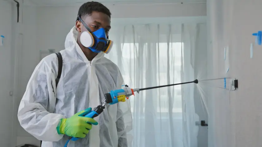 Specialist technician disinfecting a contaminated room in a Newcastle property