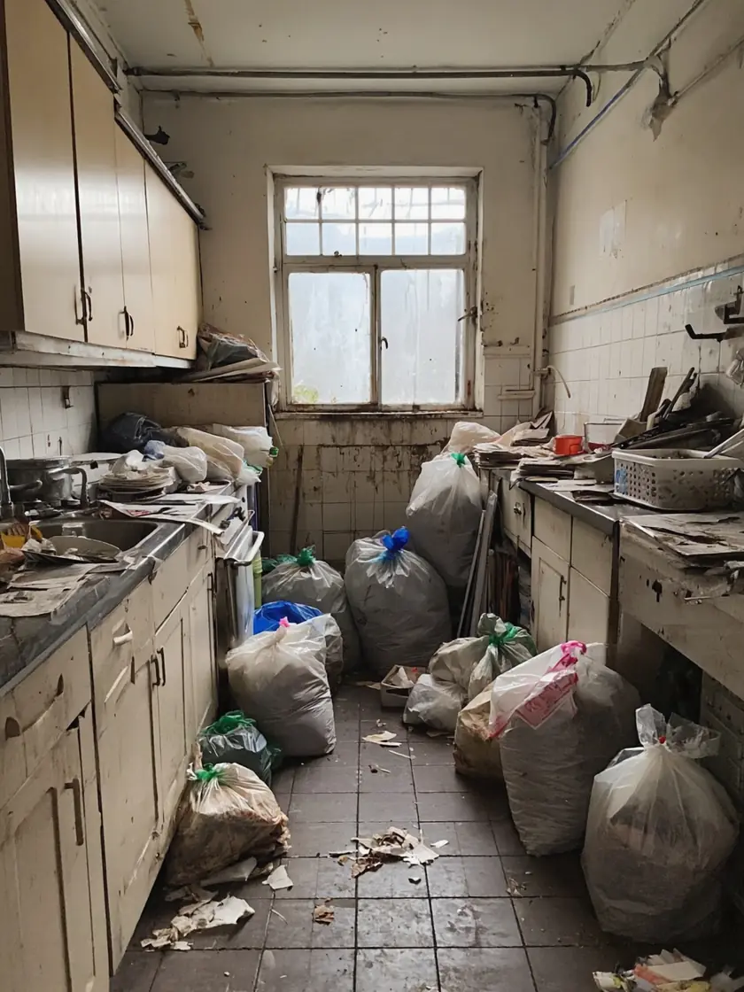 Severely hoarded kitchen before clearance