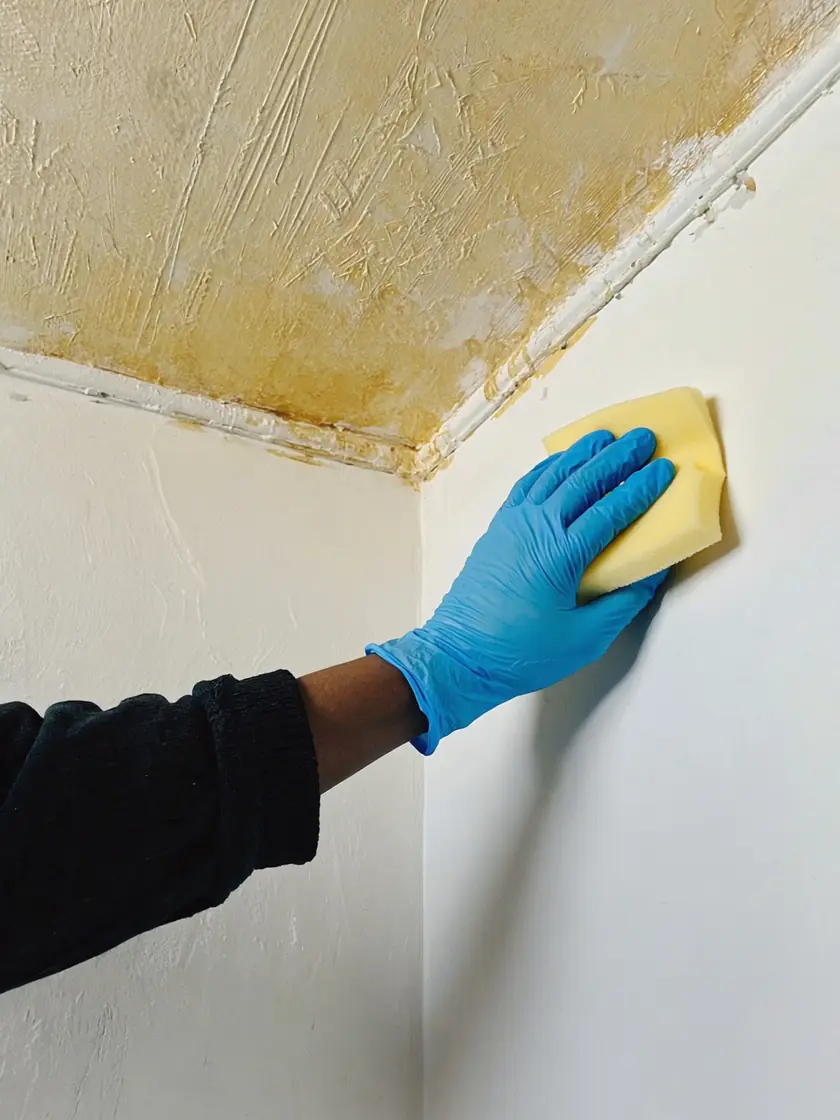 Nicotine-yellowed ceiling corner being cleaned back to its original colour