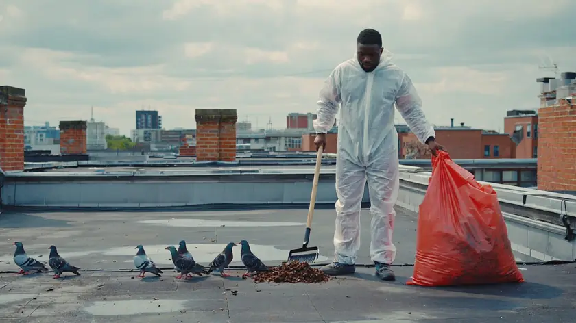 Technician in protective coverall clearing pigeon guano from a Newcastle rooftop ledge