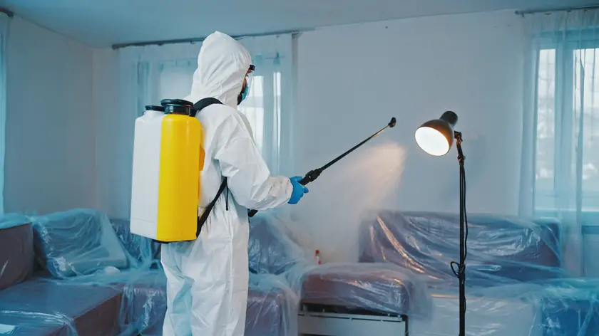 Technician in full protective suit fogging a room with disinfectant during a trauma clean
